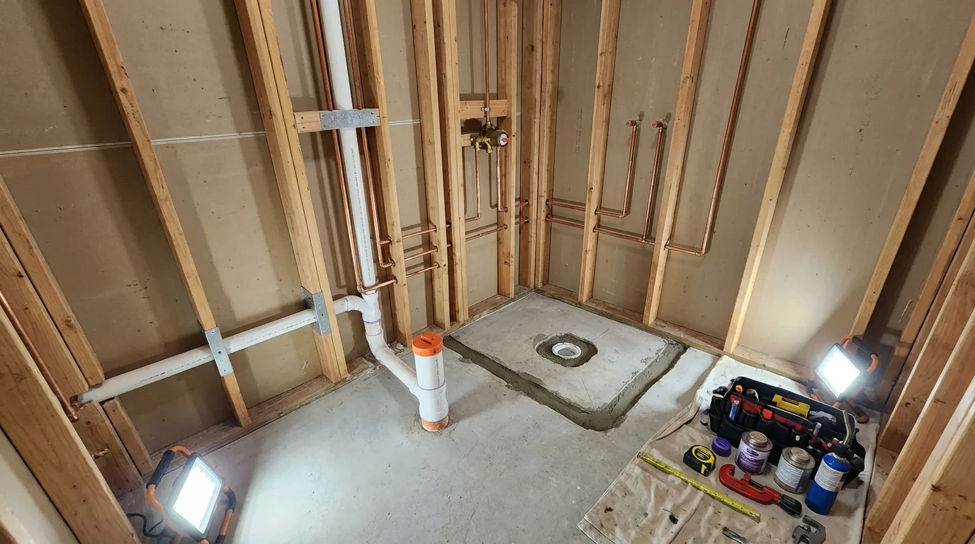 Bathroom rough-in plumbing during remodel by Johns Plumbing LLC in Silvis
