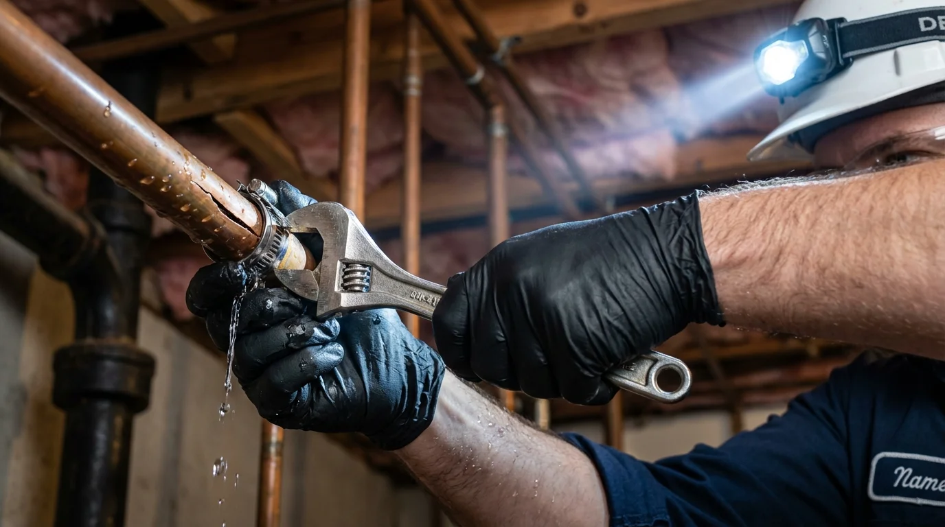 Emergency pipe clamp repair being performed by a Johns Plumbing LLC plumber in Silvis