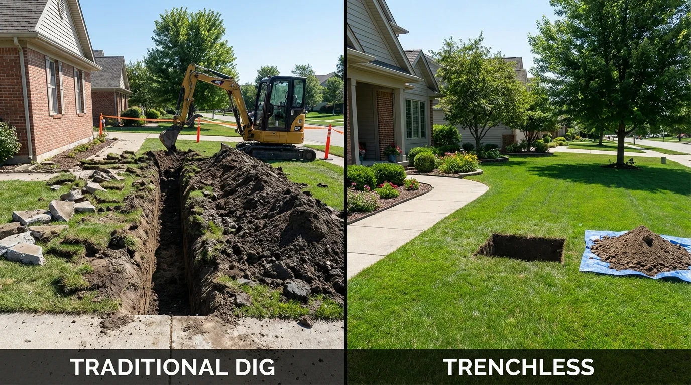 Trenchless sewer repair with minimal yard damage versus traditional excavation in Silvis, IL