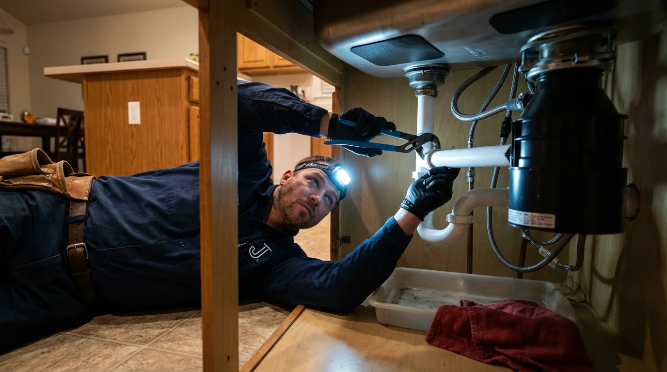 P-trap and supply line connections under a kitchen sink showing a common leak point in Silvis, IL
